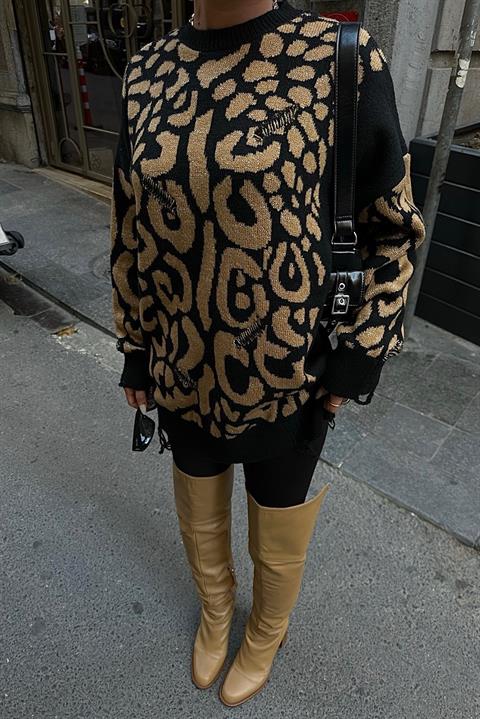 Leopard Patterned Ripped Detailed Sweater 1344