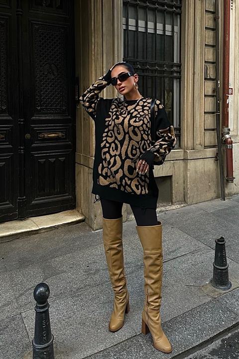 Leopard Patterned Ripped Detailed Sweater 1344