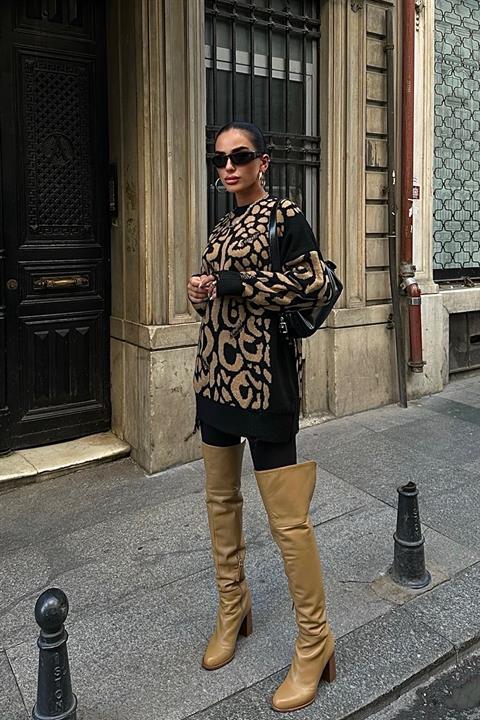 Leopard Patterned Ripped Detailed Sweater 1344