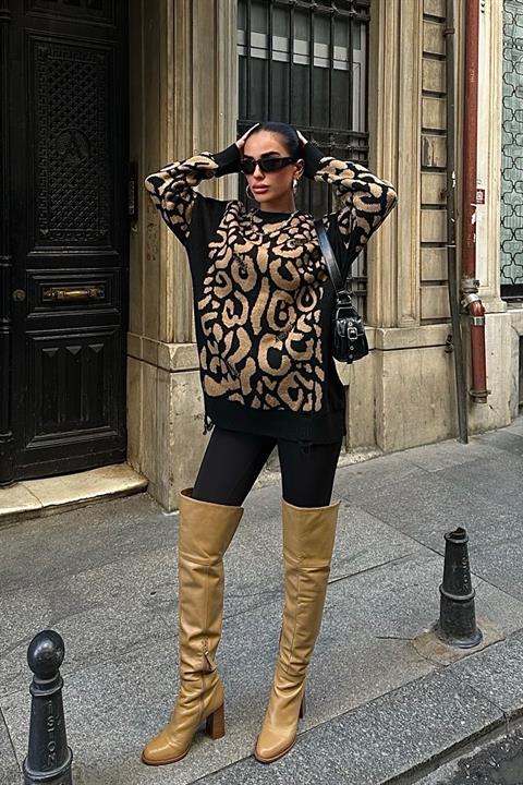Leopard Patterned Ripped Detailed Sweater 1344