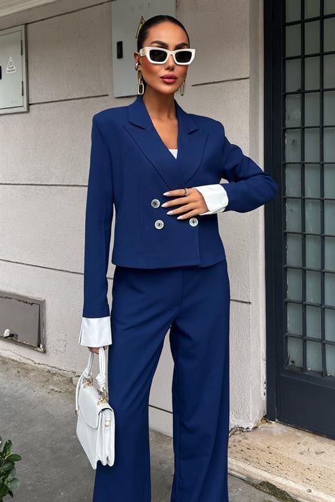 Garnished Cuffed Double Breasted Jacket Suit 10168