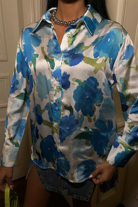 Blue Floral Satin Shirt 3417