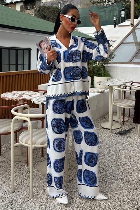 Blue Patterned Casual Satin Suit 10069