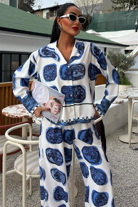 Blue Patterned Casual Satin Suit 10069
