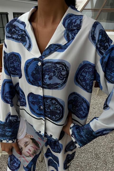 Blue Patterned Casual Satin Suit 10069