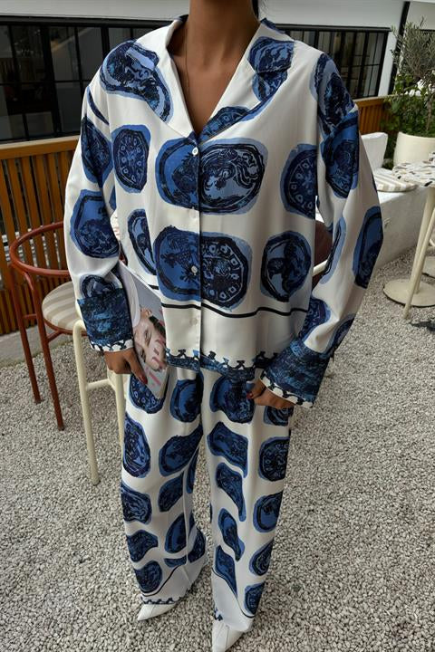 Blue Patterned Casual Satin Suit 10069