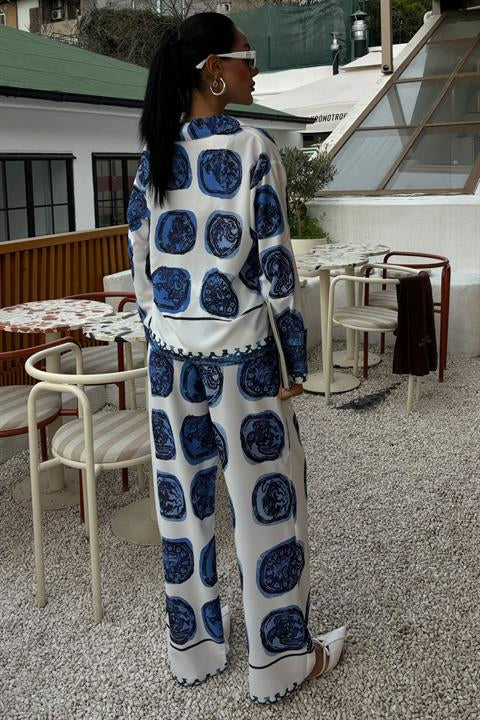 Blue Patterned Casual Satin Suit 10069