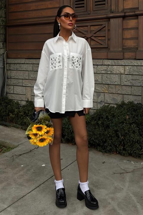 Metal Eyelet Detail Poplin Shirt 3453