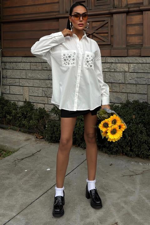 Metal Eyelet Detail Poplin Shirt 3453