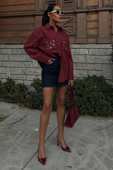 Metal Eyelet Detail Poplin Shirt 3453