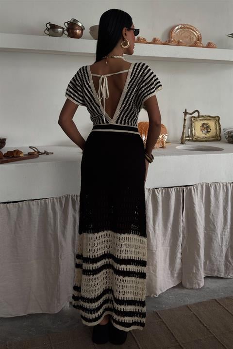 Shoulder Striped Openwork Knit Dress 2868