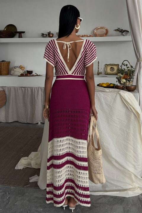 Shoulder Striped Openwork Knit Dress 2868