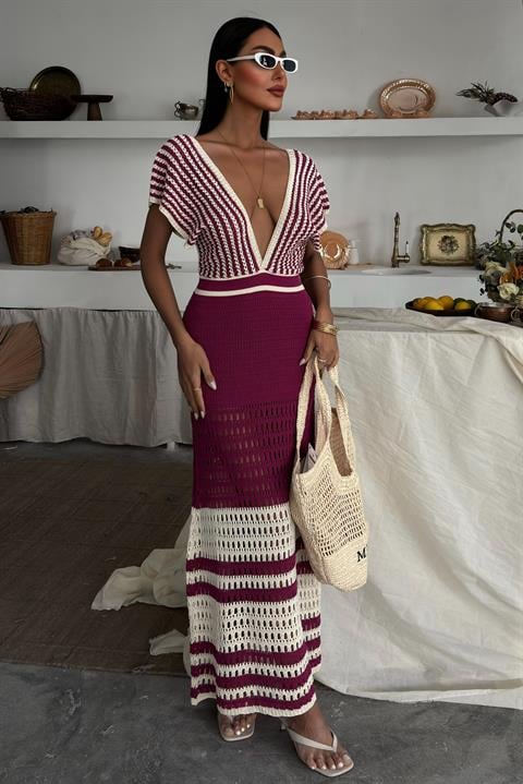 Shoulder Striped Openwork Knit Dress 2868