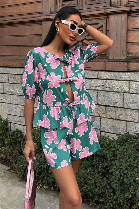 Front Tie Floral Patterned Poplin Suit 10122