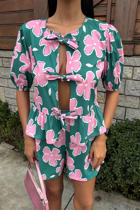 Front Tie Floral Patterned Poplin Suit 10122