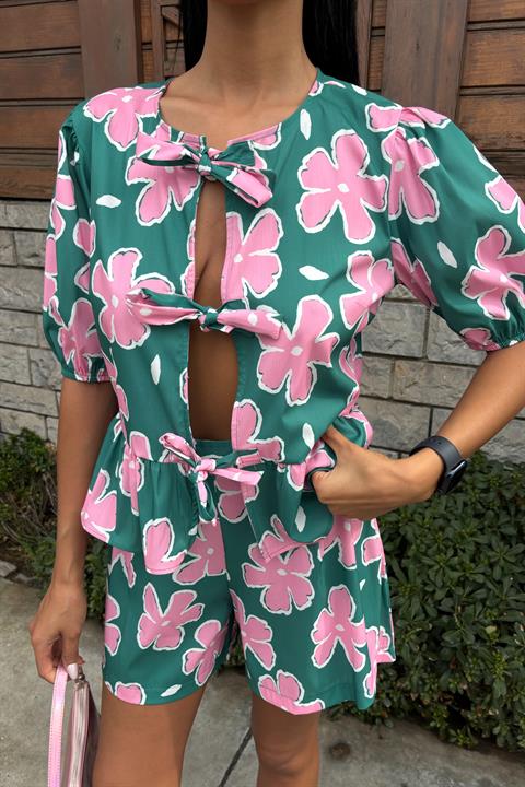Front Tie Floral Patterned Poplin Suit 10122