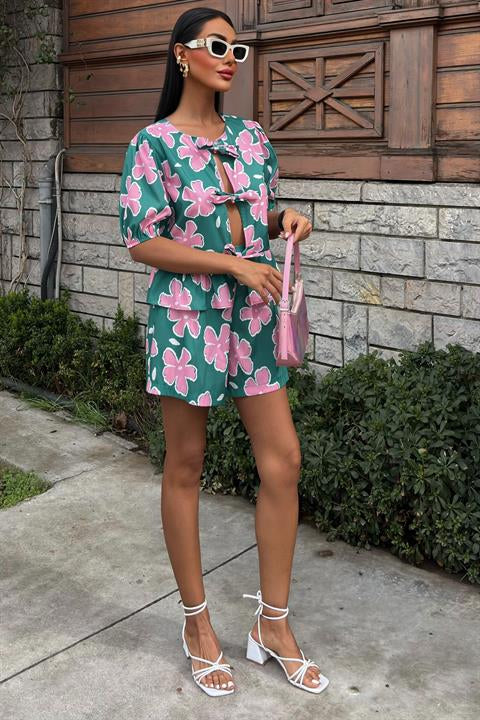 Front Tie Floral Patterned Poplin Suit 10122