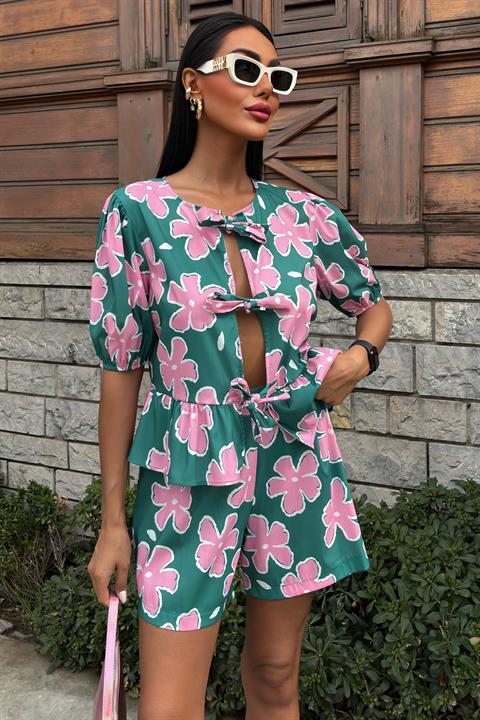 Front Tie Floral Patterned Poplin Suit 10122