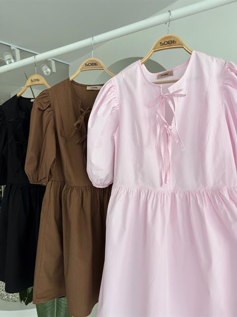Front Bow Tie and Balloon Sleeve Dress 2893