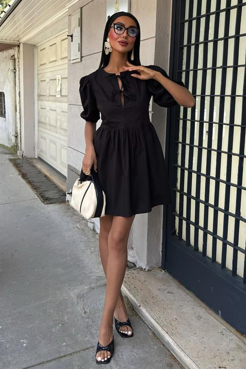 Front Bow Tie and Balloon Sleeve Dress 2893