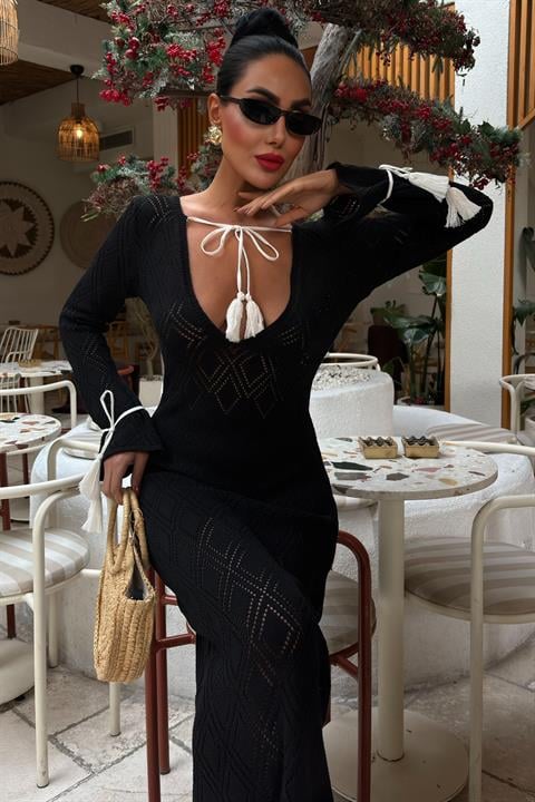 Tassel Lace Detailed V-Neck Openwork Dress 2850