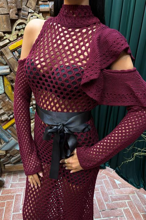 Satin Belted Openwork Knit Dress 2847
