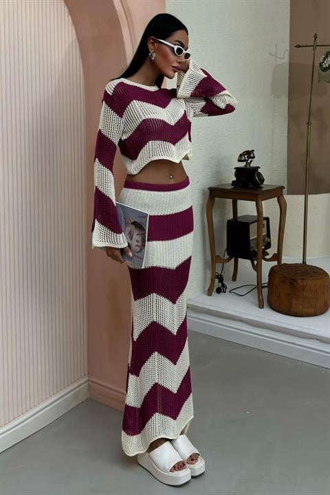 Strip Detailed Spanish Sleeve Openwork Suit 10140