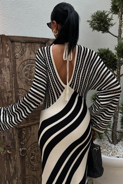 Oblique Stripe Combination V-Neck Dress 2846