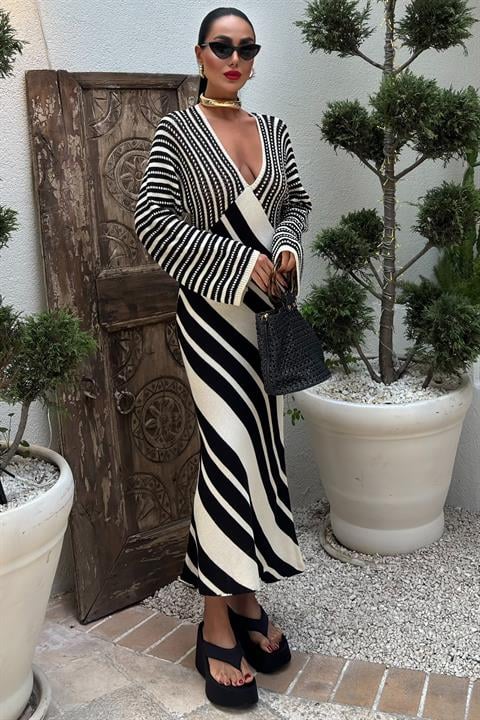 Oblique Stripe Combination V-Neck Dress 2846
