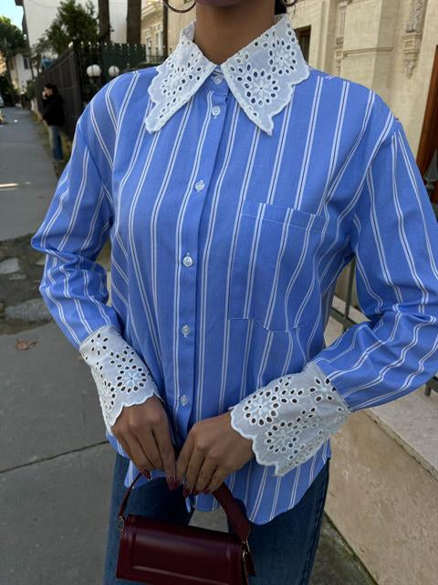 Collar Sleeve Lace Striped Shirt 3432