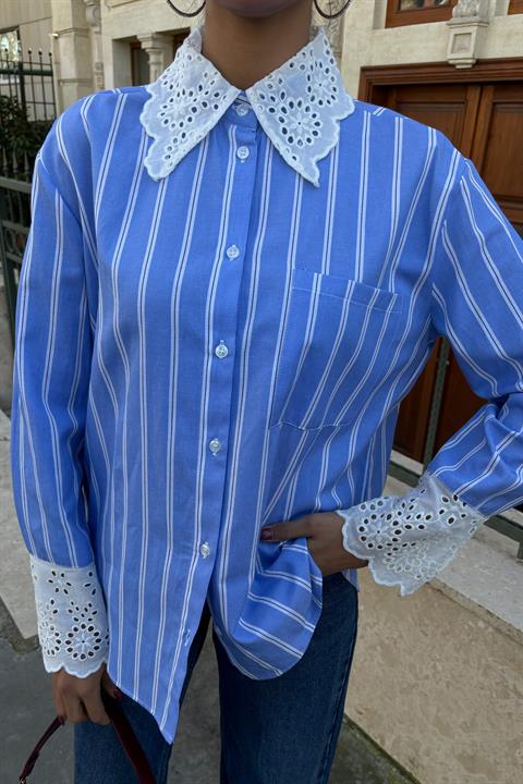 Collar Sleeve Lace Striped Shirt 3432