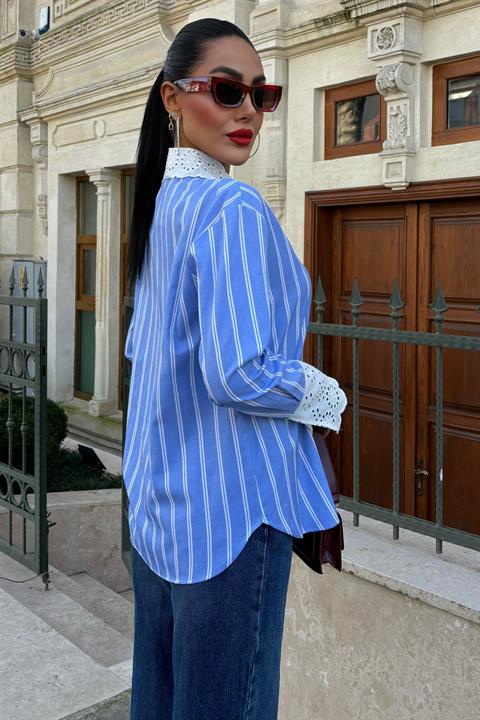Collar Sleeve Lace Striped Shirt 3432