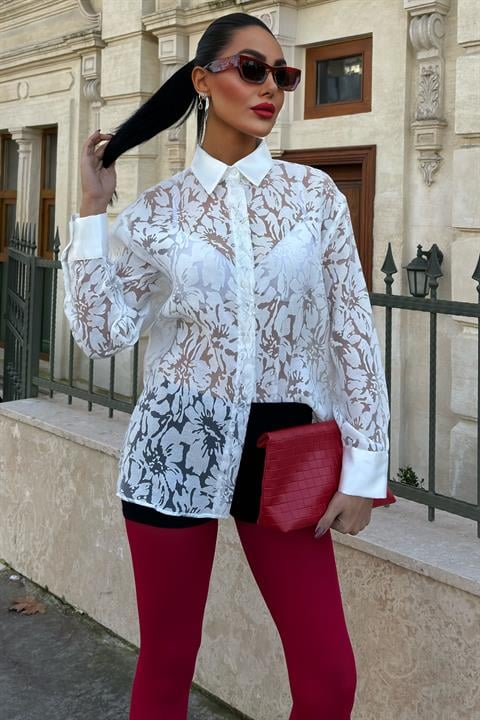 Collar Sleeve Satin Laser Motif Viscose Shirt 3412
