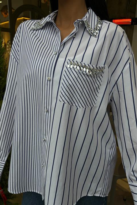 Striped Over Shirt with Stoned Collar and Pocket 3406