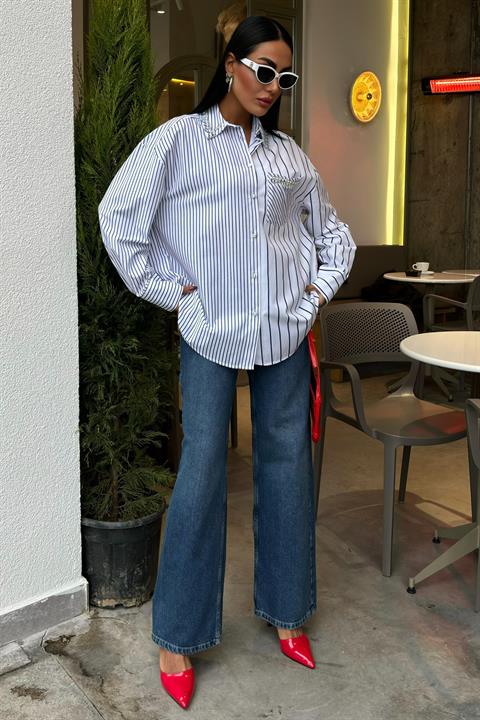 Striped Over Shirt with Stoned Collar and Pocket 3406