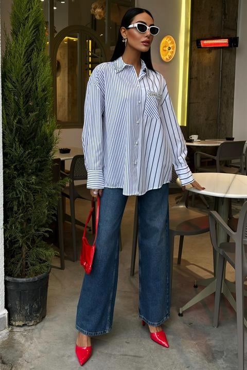 Striped Over Shirt with Stoned Collar and Pocket 3406