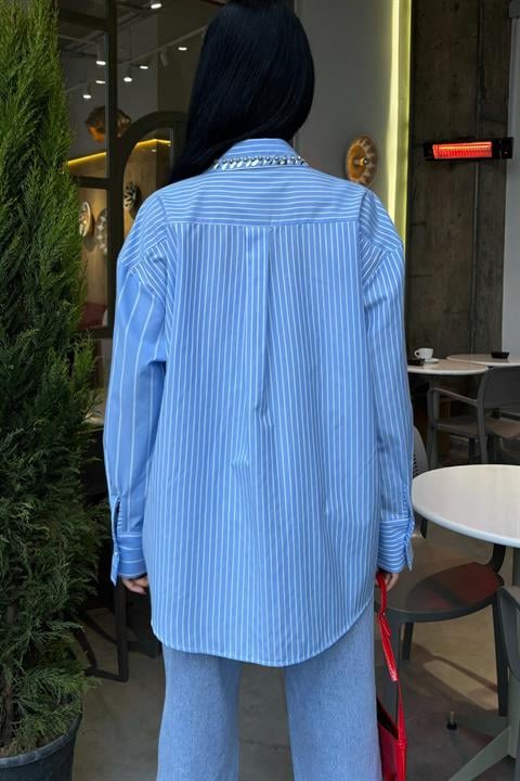 Striped Over Shirt with Stoned Collar and Pocket 3406