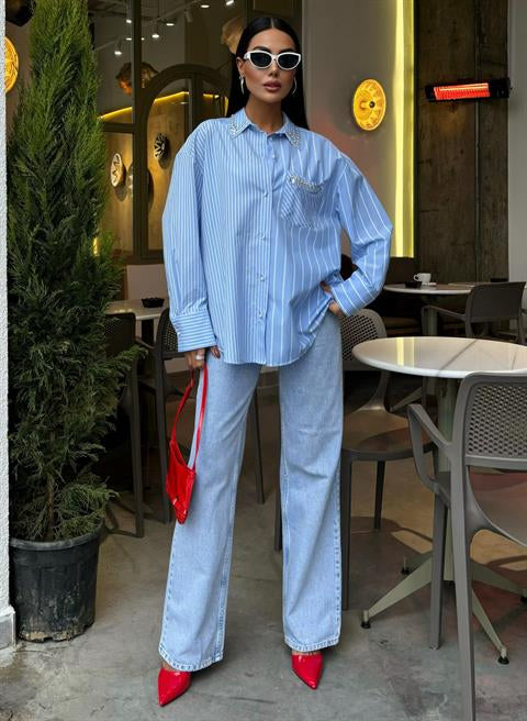 Striped Over Shirt with Stoned Collar and Pocket 3406