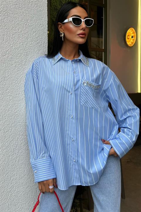 Striped Over Shirt with Stoned Collar and Pocket 3406