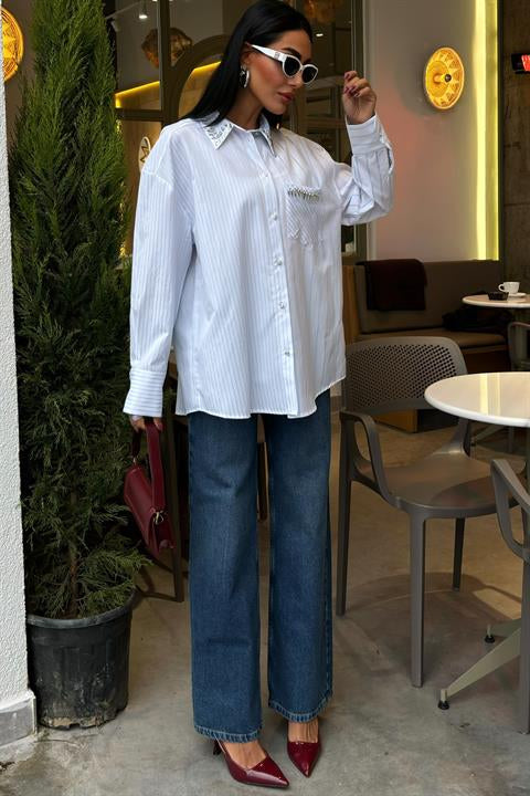 Striped Over Shirt with Stoned Collar and Pocket 3406