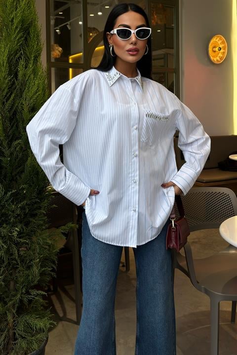 Striped Over Shirt with Stoned Collar and Pocket 3406