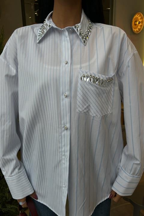 Striped Over Shirt with Stoned Collar and Pocket 3406