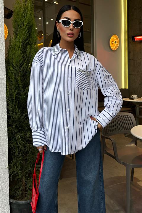 Striped Over Shirt with Stoned Collar and Pocket 3406