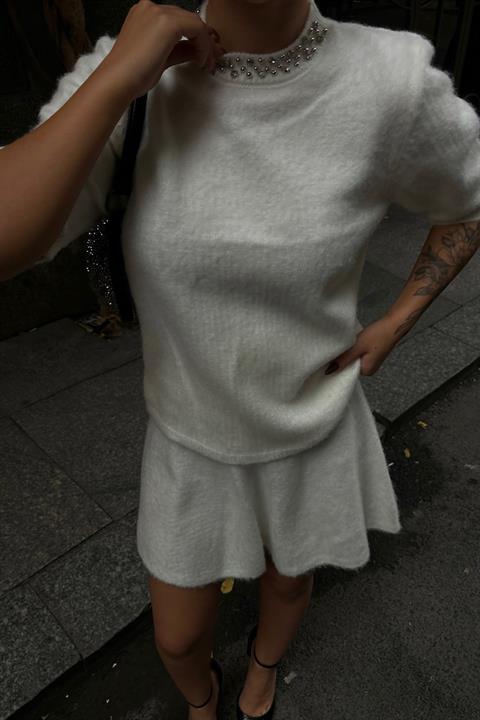 Mini Skirt Suit with Stoned Raised Collar 10002