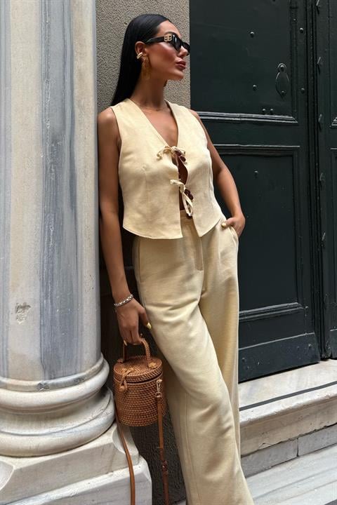 Linen Two Piece Suit with Tie Vest 10152