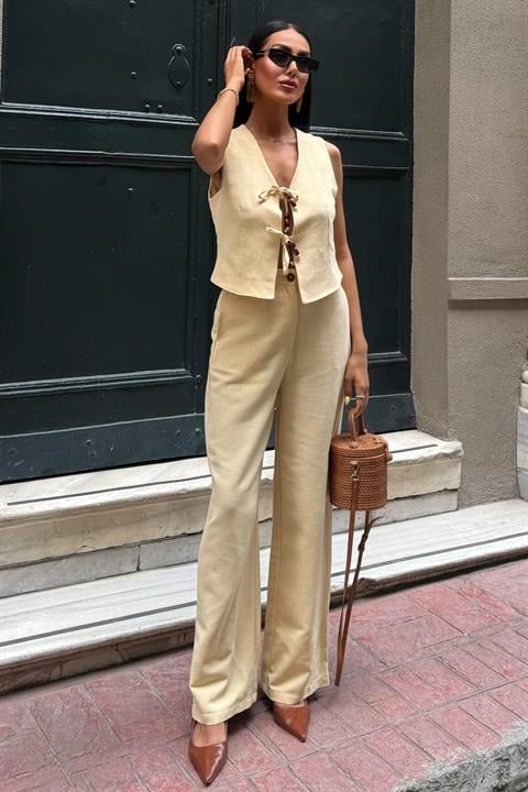 Linen Two Piece Suit with Tie Vest 10152