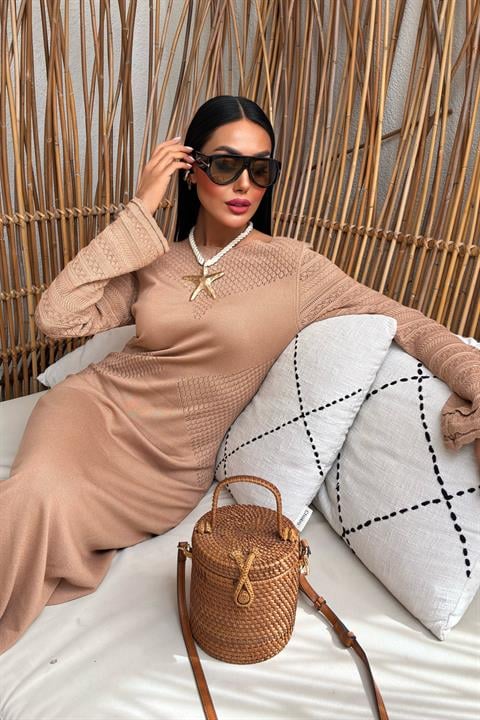 Openwork Detailed Crew Neck Knit Dress 2861