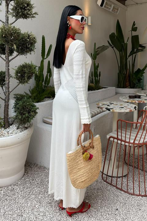 Openwork Detailed Crew Neck Knit Dress 2861