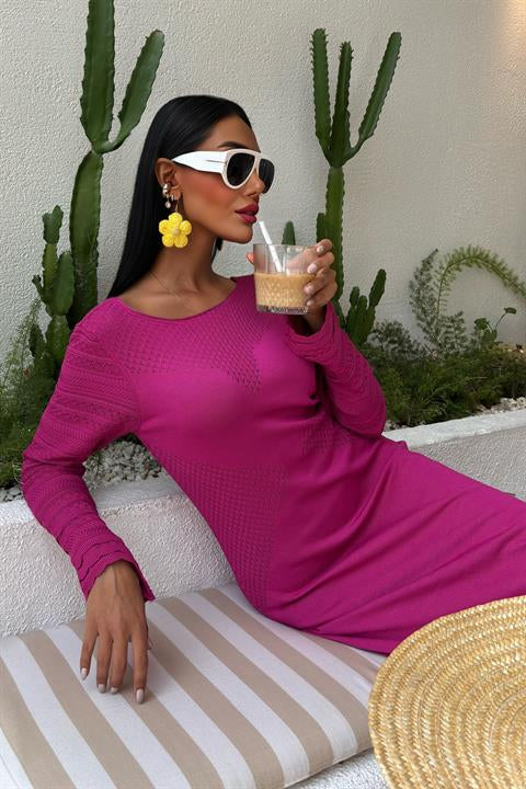 Openwork Detailed Crew Neck Knit Dress 2861