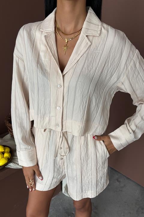 Applique Collar and Button Detailed Viscose Suit 9861